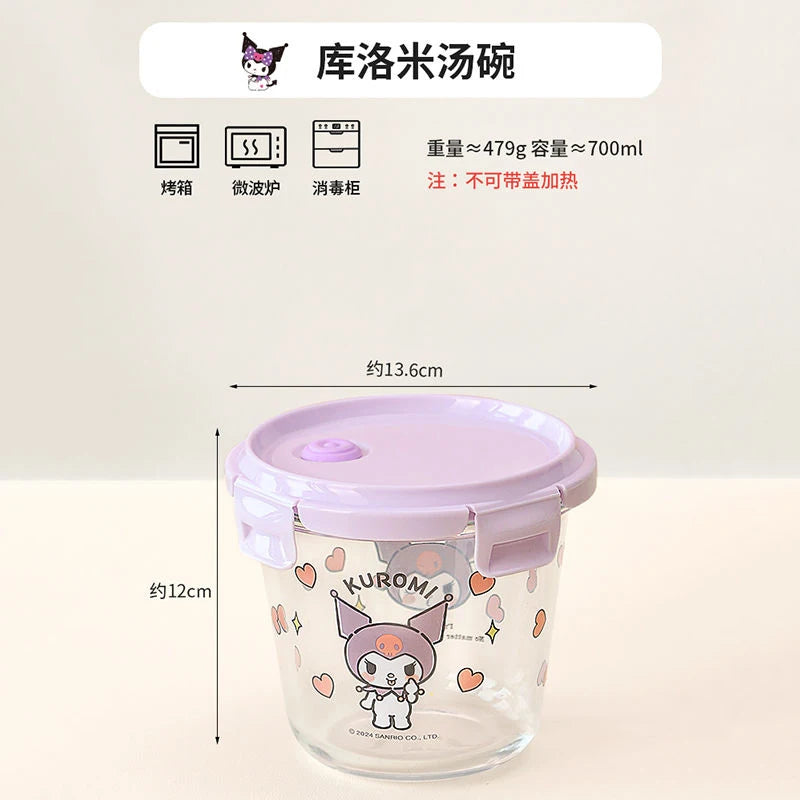 Sanrio Kawaii Hello Kitty Glass Lunch Box My Melody Kuromi Anime Cartoon Sweet Microwaveable Sealed Soup Bowls with Separate Lid