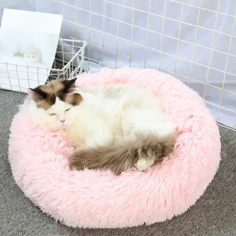 Long haired ultra soft pet cat bed plush washable calming bed donut bed comfortable sleeping artifact