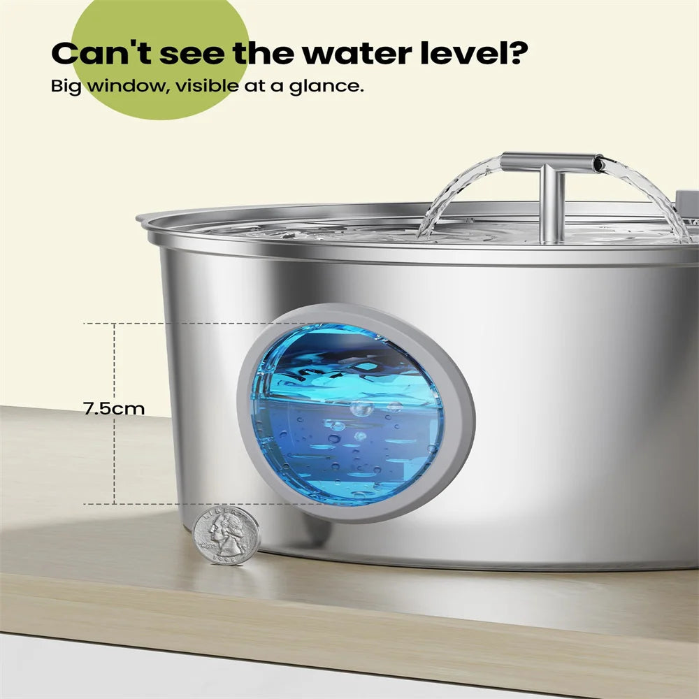 7L Large Capacity Stainless steel Cat Dog Pet Drink Fountain With Water Level Window Silent Water Pump Dispenser USB Water Bowl