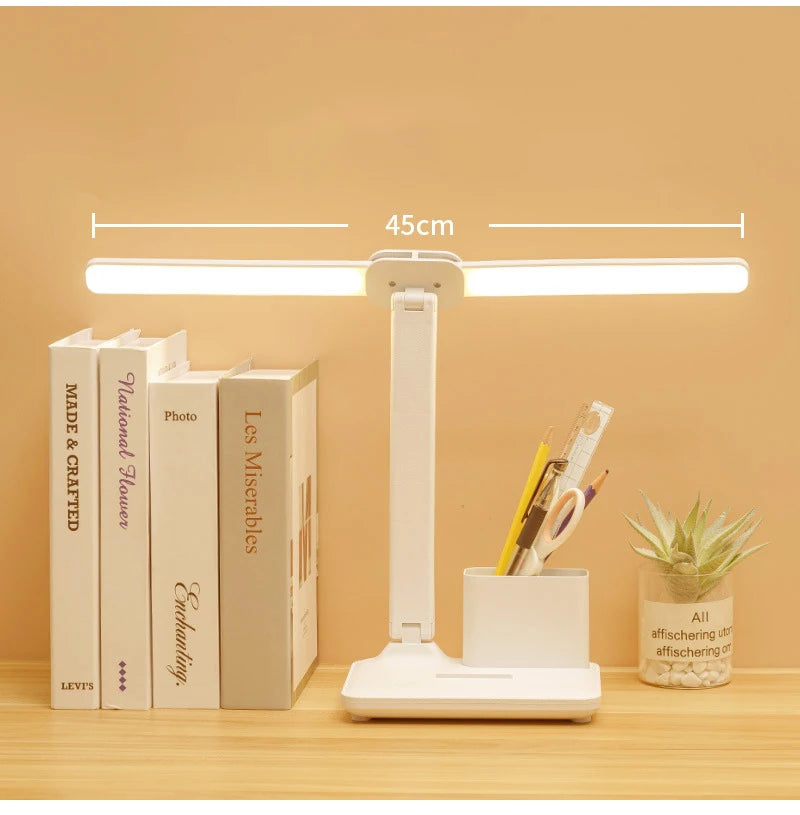 LED Table Lamp USB Chargeable Dimmable Clock Desk Lamps 2 Heads 180 Rotate Foldable Eye Protection Desktop Reading Night Lights