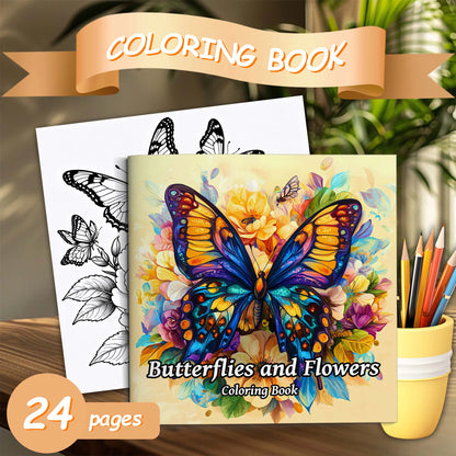 Butterfly and Flowers Adult Coloring Book - 20*20cm 24 Page Art Coloring Book - Helps Reduce Stress and Ease Emotions