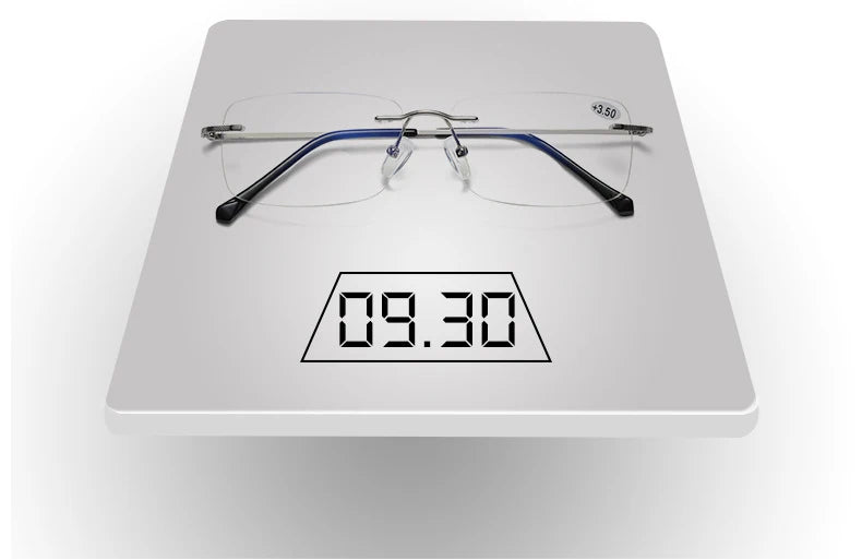 Men's Anti Blue Light Blocking Reading Glasses Cut Frameless Metal HD Lens Eyewear Women Prescription Presbyopic Glasses +400