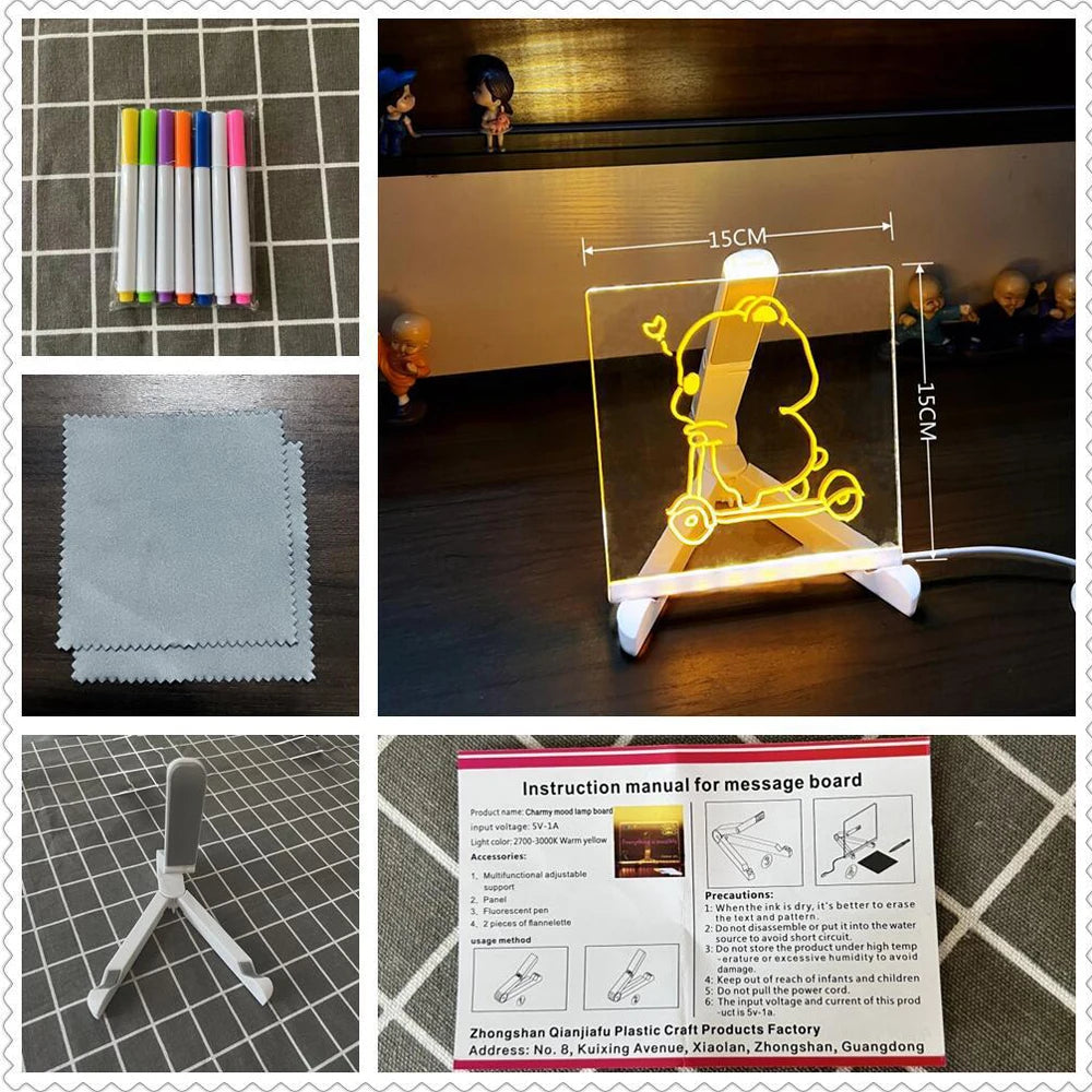 LED Note Board Night Light With Colorful 7 Pens DIY Acrylic Message Board Erasable Painting Drawing Board For Kids Birthday Gift