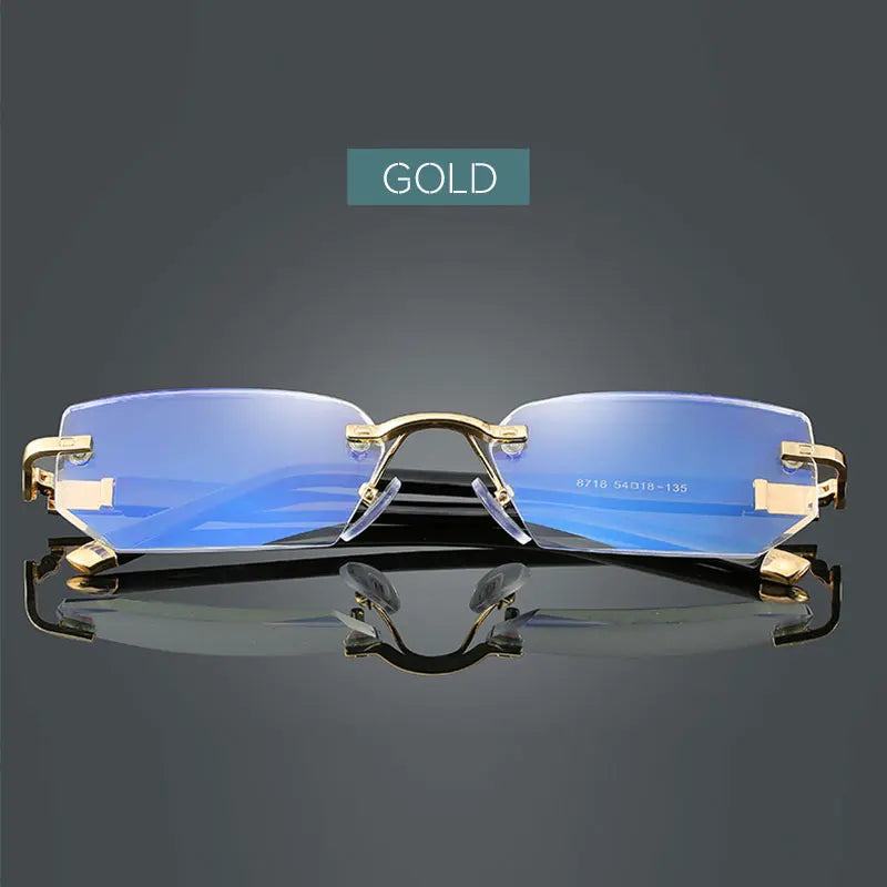 Men's Anti Blue Light Blocking Reading Glasses Cut Frameless Metal HD Lens Eyewear Women Prescription Presbyopic Glasses +400