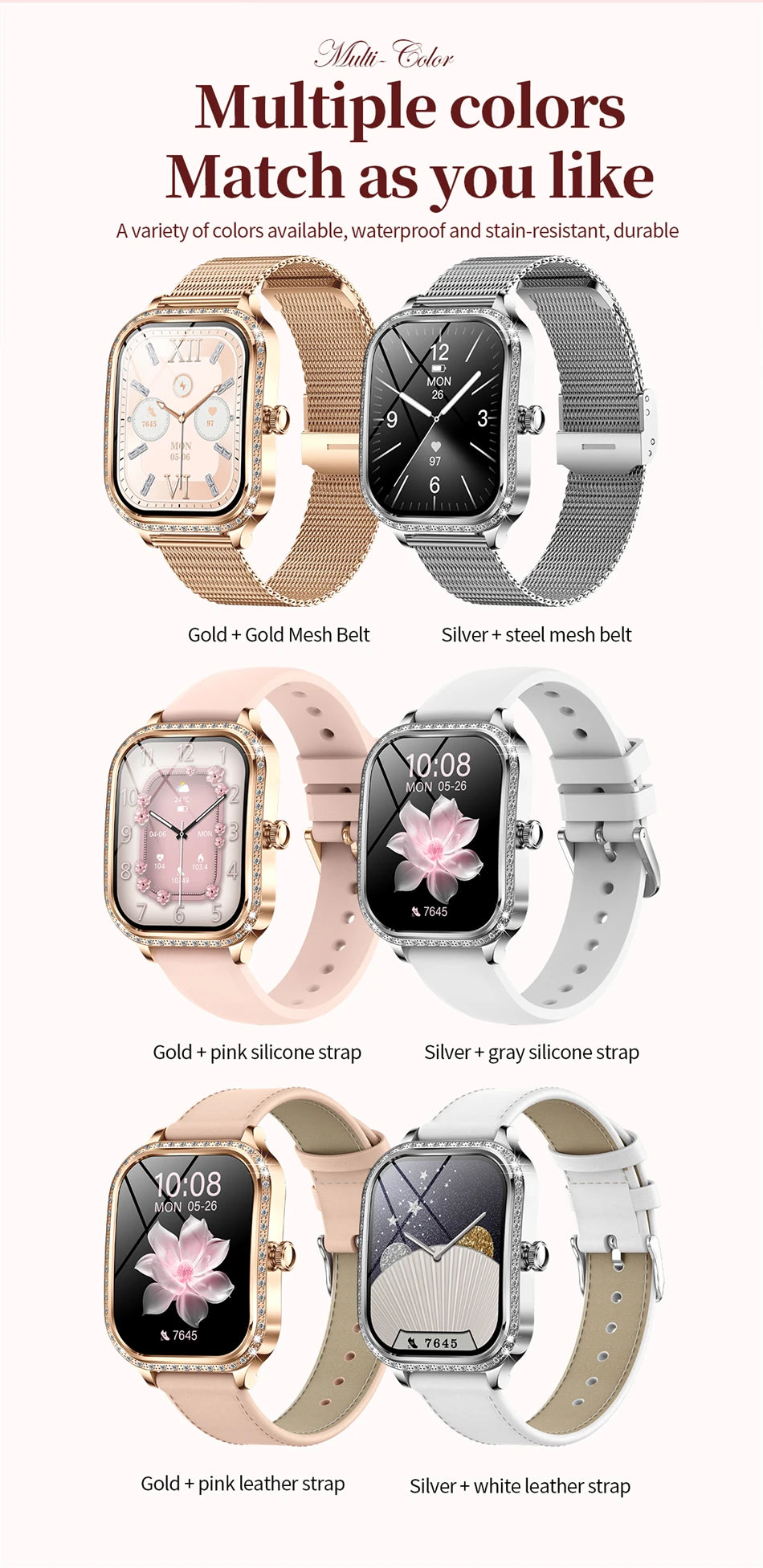 New Fashion Women Smart Watch 1.75inch Curved Screen Sports Bracelet BT HD Calling Clock IP68 Waterproof Diamond Case Smartwatch