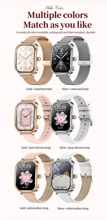 New Fashion Women Smart Watch 1.75inch Curved Screen Sports Bracelet BT HD Calling Clock IP68 Waterproof Diamond Case Smartwatch