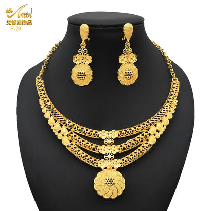 ANIID Dubai 24K Gold Color Long Jewelry Sets Wedding African Necklace Earrings For Women Nigerian Indian Bridal Set Party Gifts