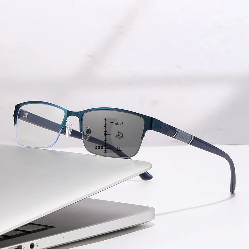 Metal Frame Far Sighted Eyeglasses with Sunshades Smart Photochromic Multifocal Reading Glasses Men Business Presbyopia Eyewear