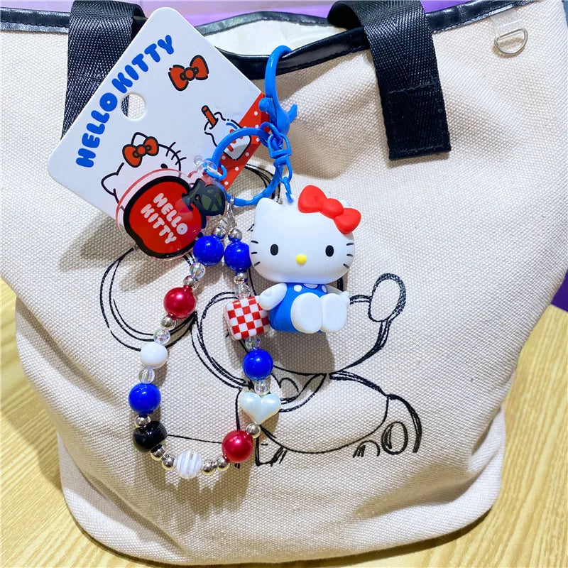 Wholesale Sanrio Keychain Hello Kitty Schoolbag Pendant Kawaii Kt Red Blue White Cartoon Key Kitty Tv Beaded Keyring Girl Gift ﻿
