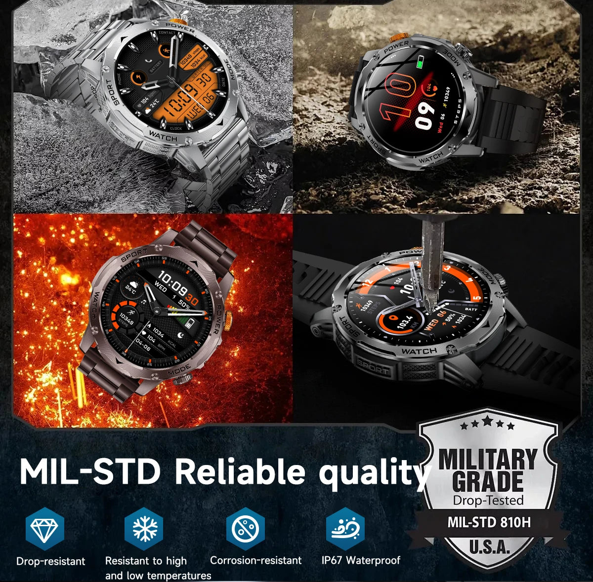 LIGE New Military Outdoor Sport Smart Watch Men Flashlight IP68 Waterproof 1.7" HD Wireless Call Smartwatch 1000mAh Big Battery