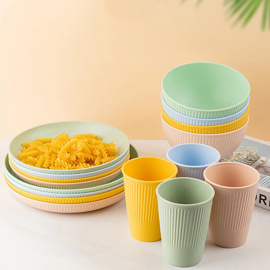 Orange 4/16Pcs Wheat Straw Dinnerware Ramen Bowl Dishes Full Plates Tableware Set Bowl Dinner Dishes Set Camping Dishes Sets