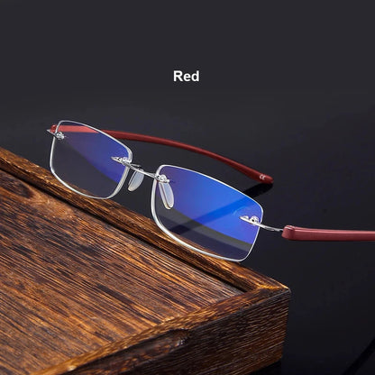 Men's Anti Blue Light Blocking Reading Glasses Cut Frameless Metal HD Lens Eyewear Women Prescription Presbyopic Glasses +400