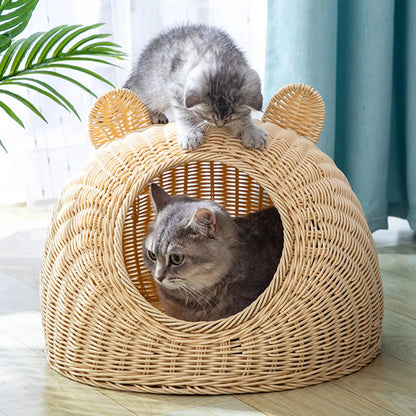 Solid Rattan Cat Bed Round Indoor Nest Cat Shaped Hideaway Kitty Interactive