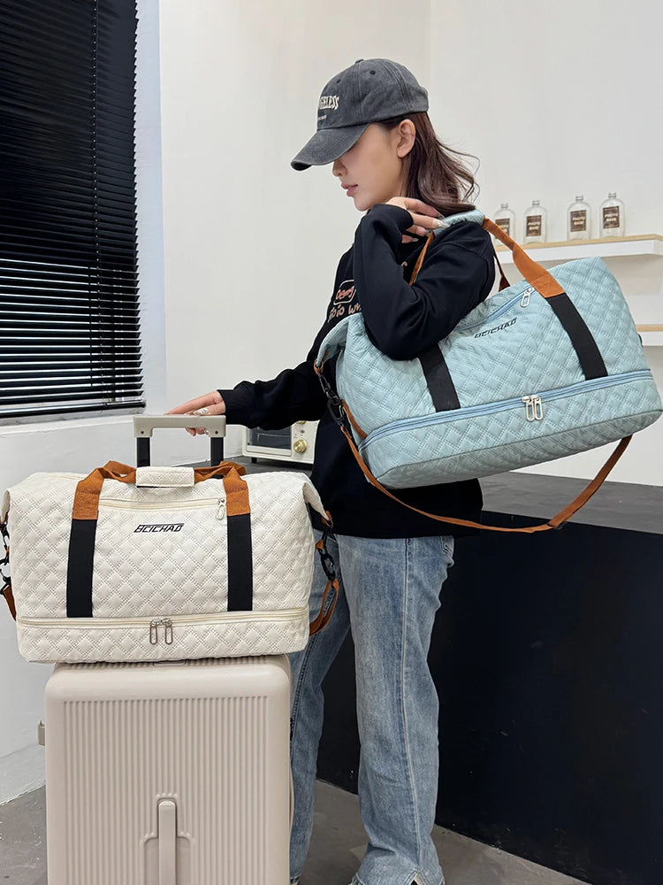 Nylon Travel Duffle Bag with Shoe Compartment, Large Capacity Argyle Pattern Casual Weekender Overnight Gym Storage Bag
