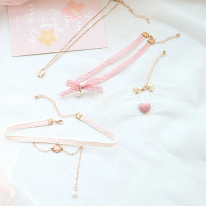 Fashion Women's Choker Necklace Lovely Gothic Pink Lace Pearl Pendant Elastic Short Clavicle Necklace Jewelry Gift For Girls