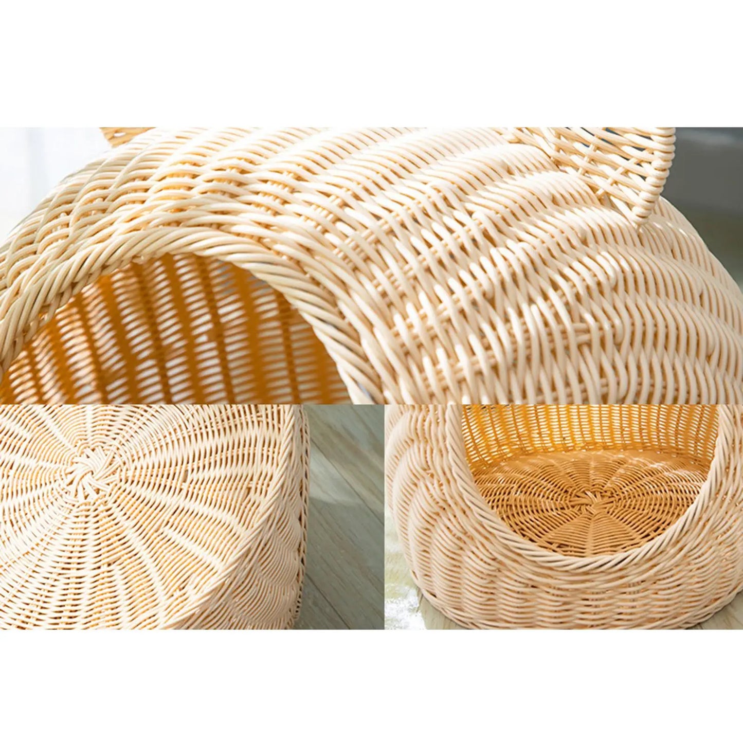 Solid Rattan Cat Bed Round Indoor Nest Cat Shaped Hideaway Kitty Interactive