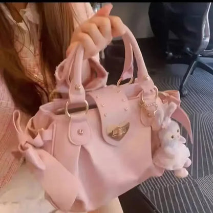 Sweet Bow Lolita Pink Hand Bag Purse Women Harajuku Love Heart Soft Crossbody Bag Lady Kawaii Large Capacity Shoulder Bag Female