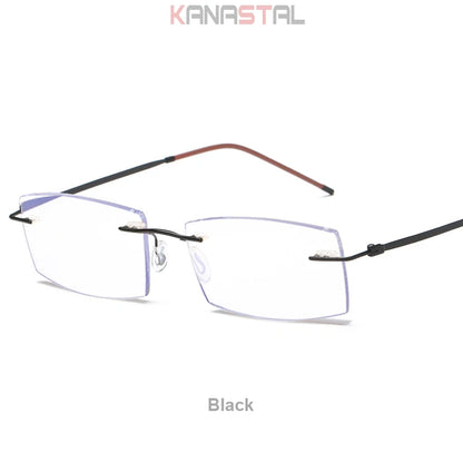 Men's Anti Blue Light Blocking Reading Glasses Cut Frameless Metal HD Lens Eyewear Women Prescription Presbyopic Glasses +400