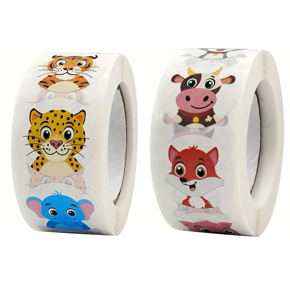 500Pcs/Roll Cartoon Animal Reward Stickers 2.5cm/1.0in Diy Decor Perfect For Learning Games Notebook Pad Fridge Gift Seal Labels