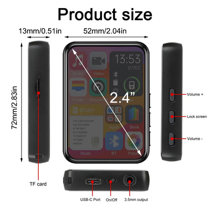 2025 New Bluetooth 5.4 Touch Screen MP3 Player HiFi Lossless Music Play Built-in Speaker 32GB Support Recording E-Book