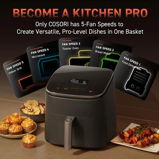 Air Fryer 9-in-1, Compact & Large 6-Qt, Fast Turbo Modes, 90–450°F Precise Heat for Even Results, Up to 95% Less Oil*,Roast,Bake