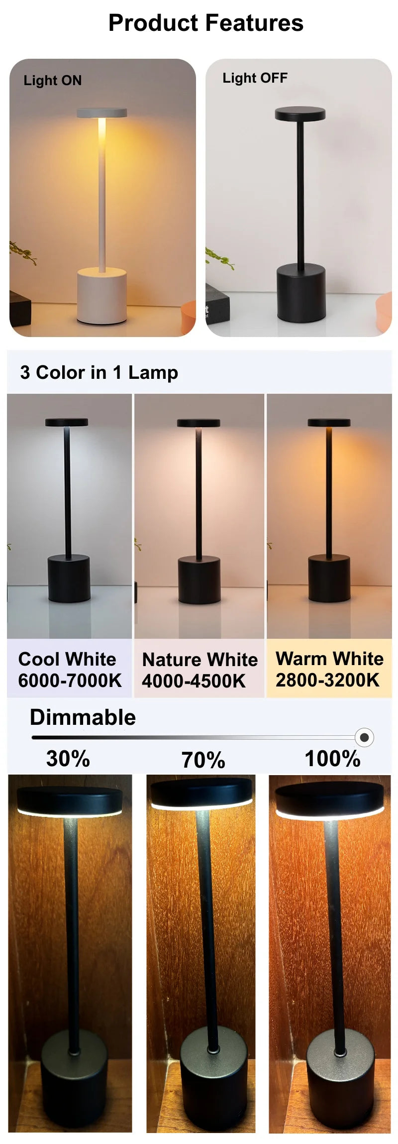 Simple Touch Led Table Light Rechargeable Desk Lamp 3 Color Bedside Creative Ambient Light Room Restaurant Bar Decor Night Light