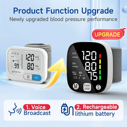 Yongrow Rechargeable Digital Wrist Blood Pressure Monitor Sphygmomanometer Tonometer Tensiometer Heart Rate Meter BP Monitor
