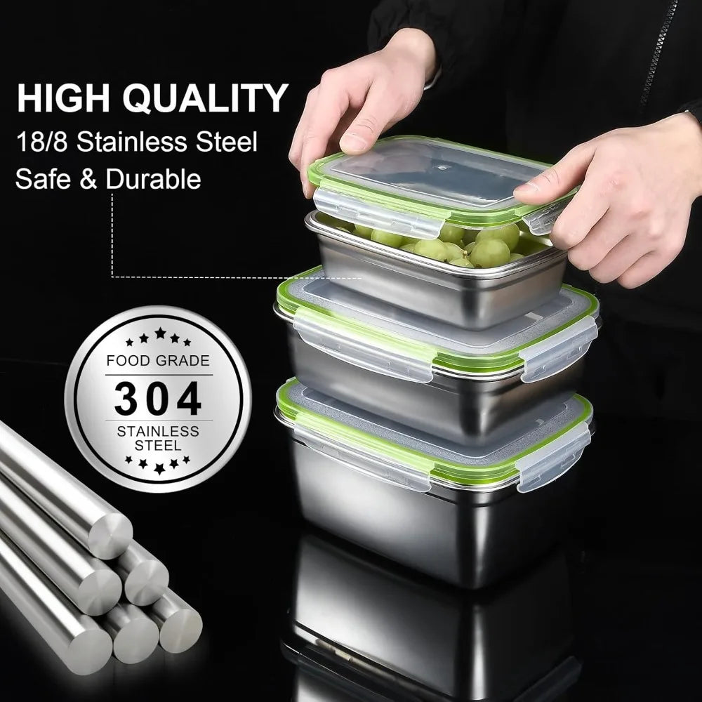 304 Stainless Steel Food Grade 1/3 Set Food Storage Container Lunch Box Leak-Proof Silicone Lid Dishwasher Safe Bento Box