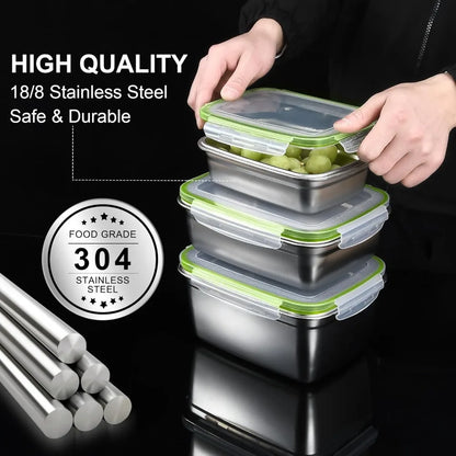 304 Stainless Steel Food Grade 1/3 Set Food Storage Container Lunch Box Leak-Proof Silicone Lid Dishwasher Safe Bento Box