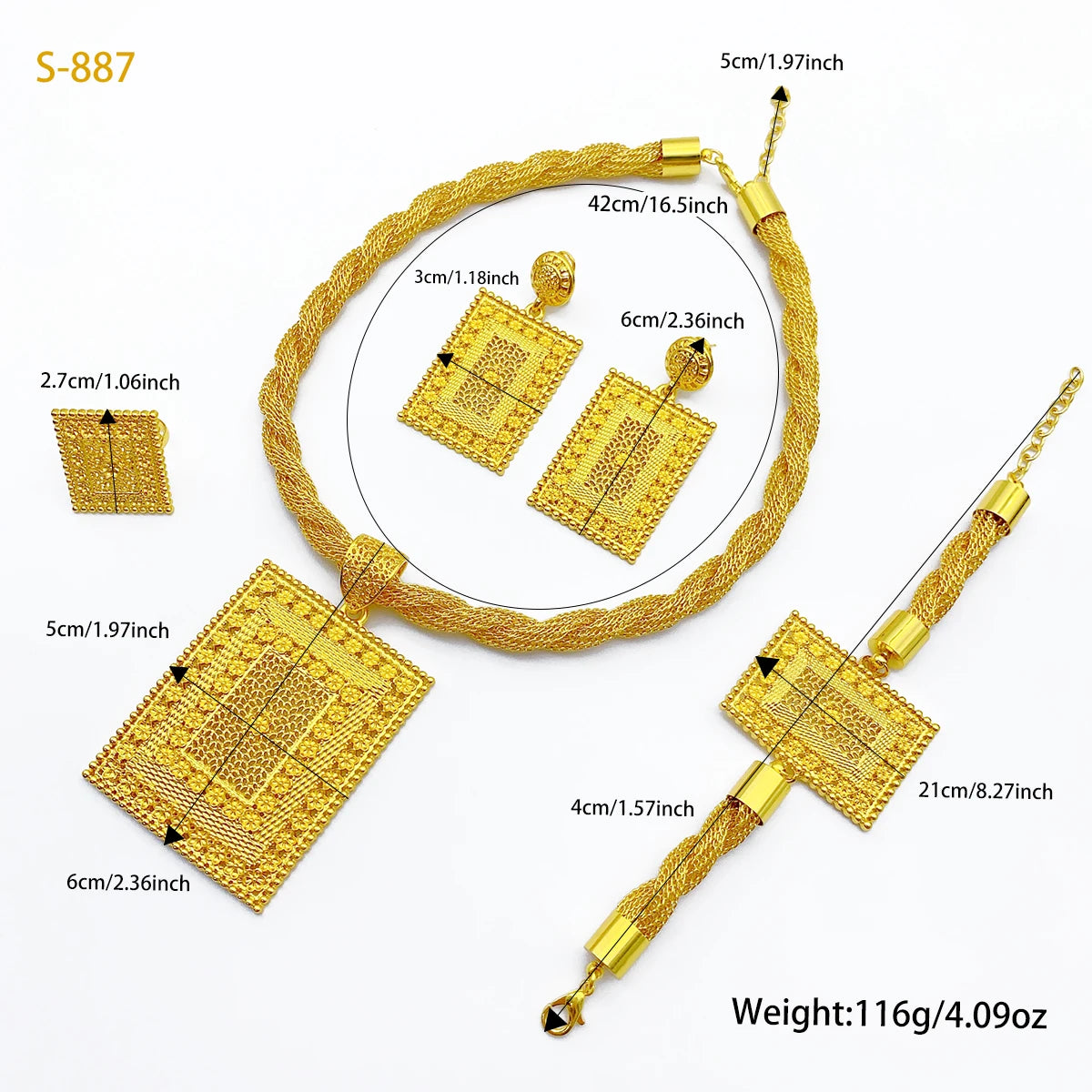 Luxury Dubai Rectangle Necklace And Earrings Jewelry Sets For Women Ethiopian Indian Bridal 24k Gold Color Set Wedding Party