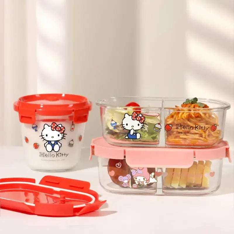 Sanrio Kawaii Hello Kitty Glass Lunch Box My Melody Kuromi Anime Cartoon Sweet Microwaveable Sealed Soup Bowls with Separate Lid