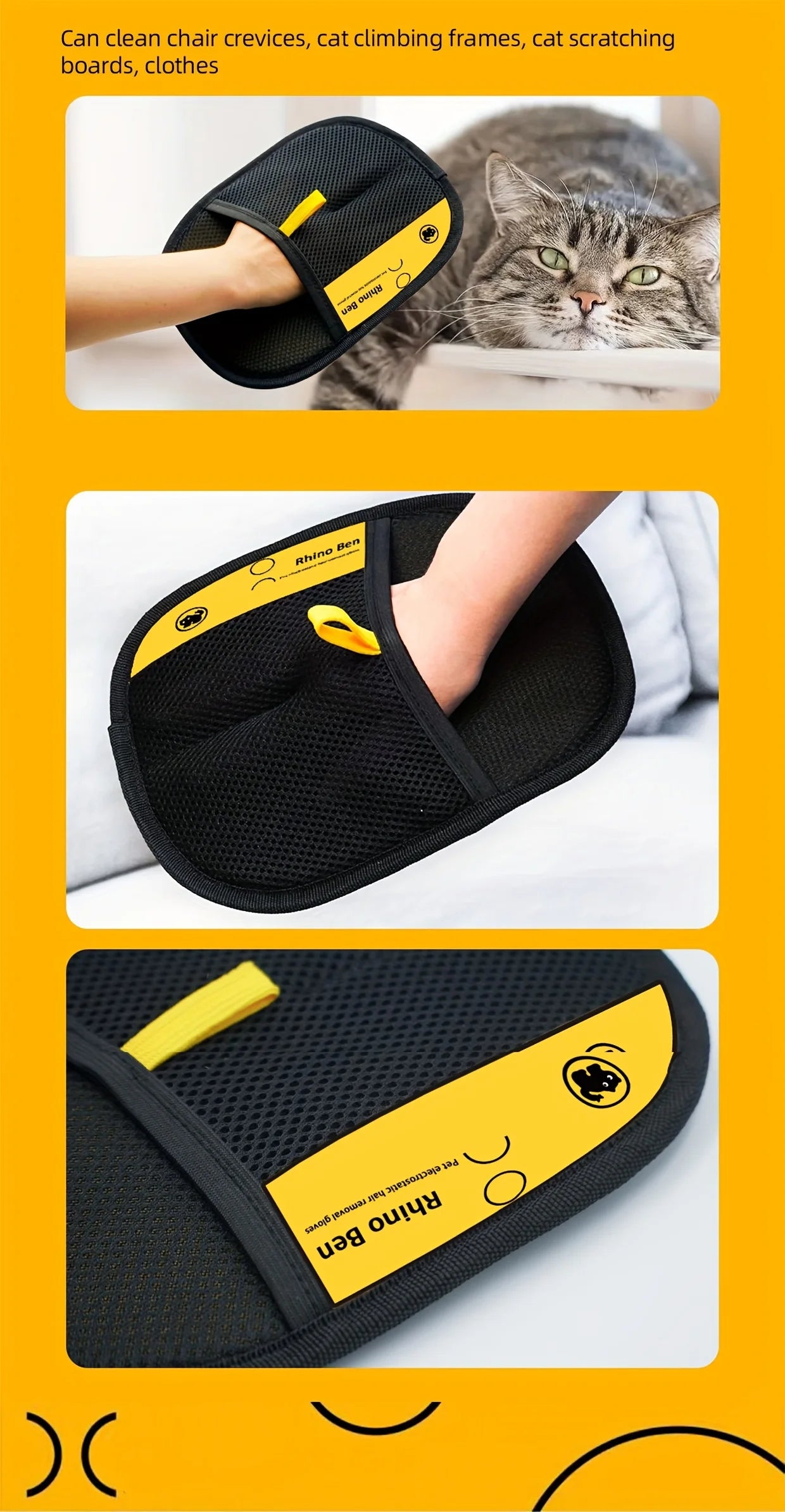 Upgrade Edition Large Pet Static Hair Removal Gloves - Black Polypropylene Cat Grooming Gloves with Yellow Accents