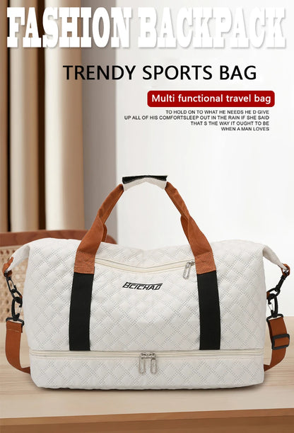 Nylon Travel Duffle Bag with Shoe Compartment, Large Capacity Argyle Pattern Casual Weekender Overnight Gym Storage Bag