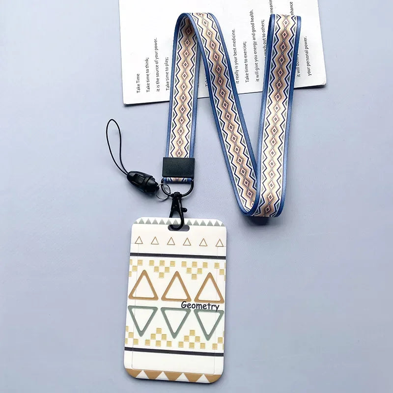 Student Identity Badge Card Cover with Neck Strap Bag Geometric Women Men Work Badge Bus Credit Card ID Holder Bags with Lanyard
