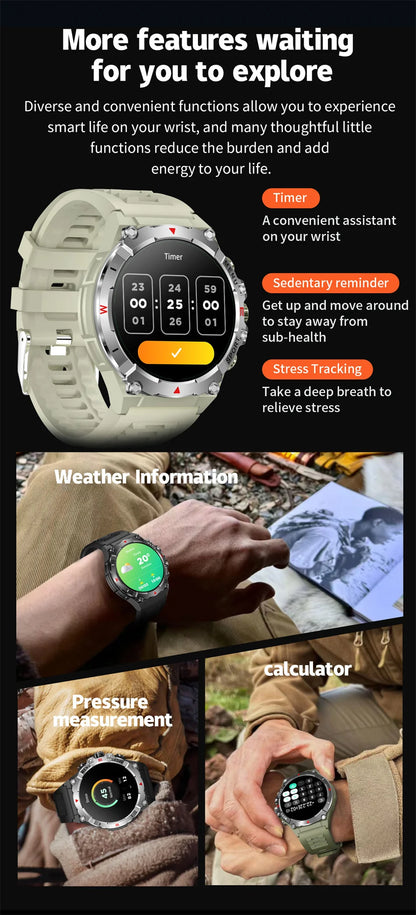 Military GPS Smart Watch Men AMOLED HD Screen Altitude Compass Heart Rate Sports Watch BT Calling IP68&10ATM Waterproof Watch