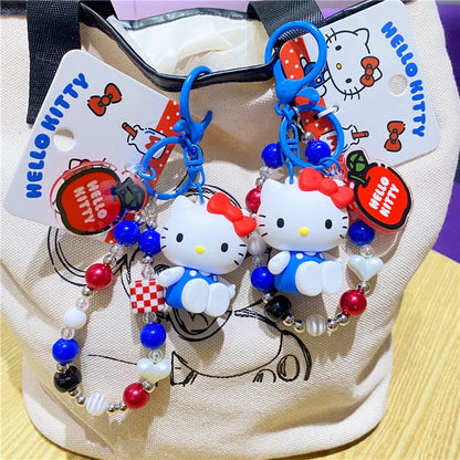 Wholesale Sanrio Keychain Hello Kitty Schoolbag Pendant Kawaii Kt Red Blue White Cartoon Key Kitty Tv Beaded Keyring Girl Gift ﻿