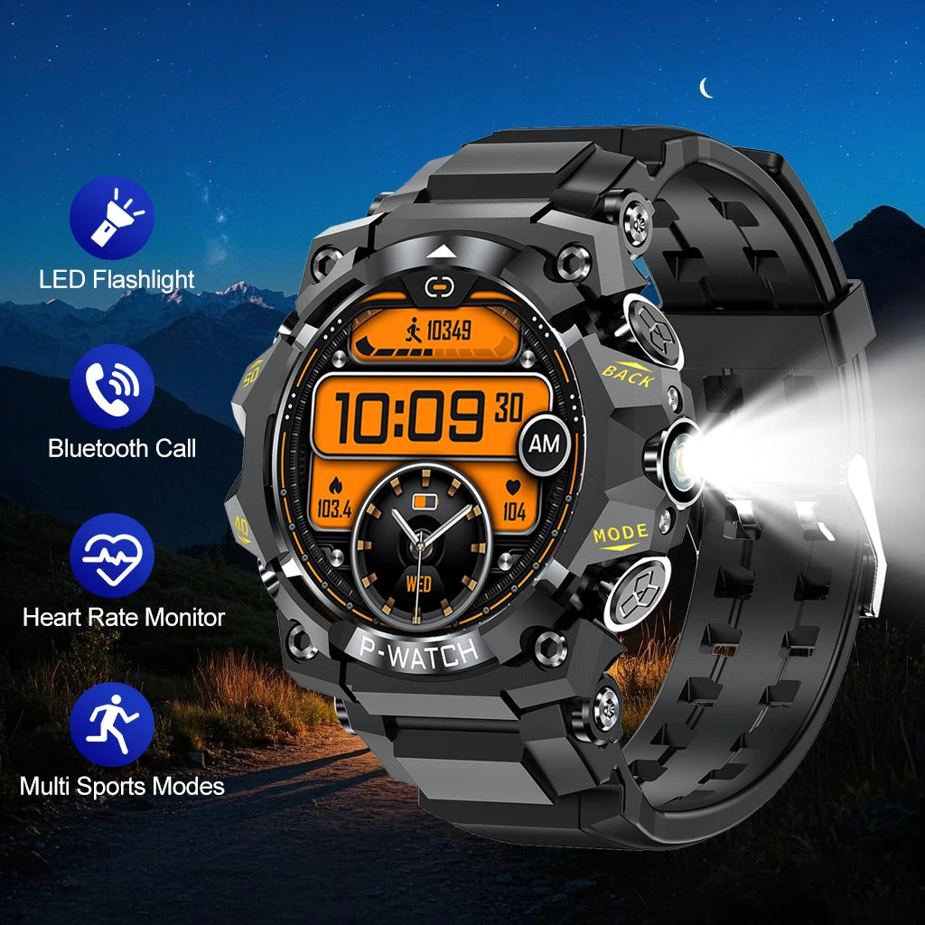 Outdoor Sport Smart Watch LED Flashlight Health Monitor Bracelet Bluetooth Make Answer Call Waterproof Men Military Smartwatch