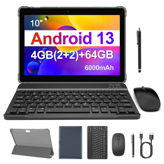 BAKEN 10.1-inch Android 13 tablet, quad-core processor, 4(2+2)GB+64GB, dual cameras, wifi, Bluetooth, 6000mAh battery