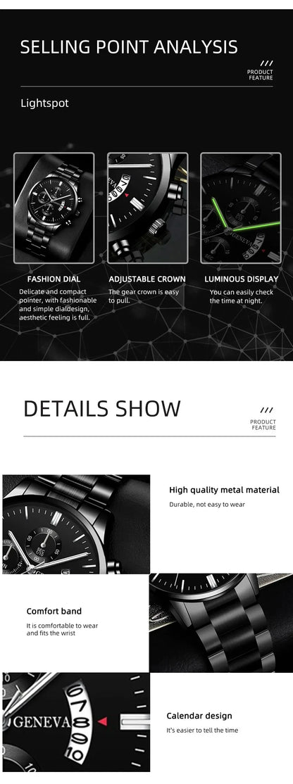 Fashion Mens Watches Luxury Black Stainless Steel Quartz Wrist Watch Man Business Watch for Men Calendar Clock Reloj Hombre