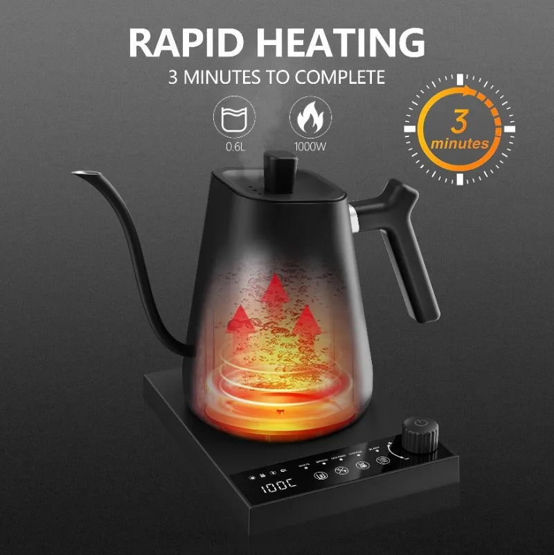 1000W Smart Thermostatic Gooseneck Design for Pour-Over Coffee & Tea 304 Stainless Steel Electric Kettle 600ml Capacity