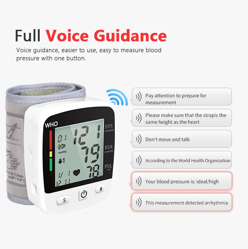 Rechargeable Digital Blood Pressure Monitor Wrist Electronic Sphygmomanometer  Tensiometer With LCD Display, 2 X 99 Memory