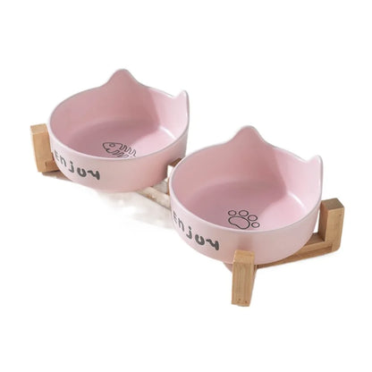 Ceramic Pet Bowl Cute Single/Double Bowl Dog Food Feeding Basin Large Capacity with Rack Pet Drinking Feeder Neck Protection