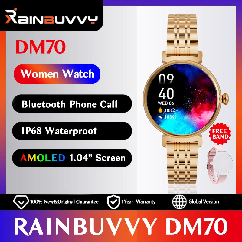Rainbuvvy DM70 Steel Smart Watch AMLED Women Beautiful Wristwatch Supports IP68 BT Calling Sports Watch
