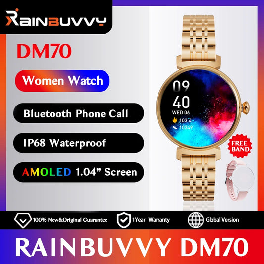Rainbuvvy DM70 Steel Smart Watch AMLED Women Beautiful Wristwatch Supports IP68 BT Calling Sports Watch