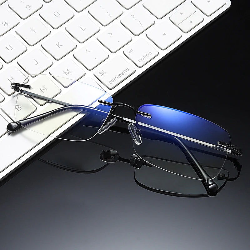 Men's Anti Blue Light Blocking Reading Glasses Cut Frameless Metal HD Lens Eyewear Women Prescription Presbyopic Glasses +400