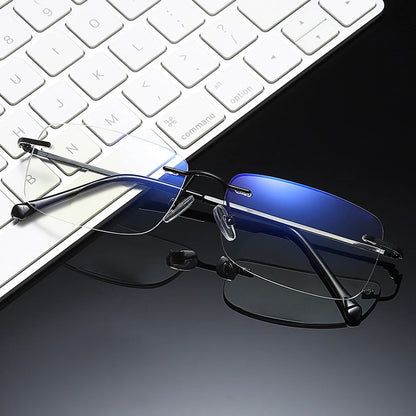 Men's Anti Blue Light Blocking Reading Glasses Cut Frameless Metal HD Lens Eyewear Women Prescription Presbyopic Glasses +400