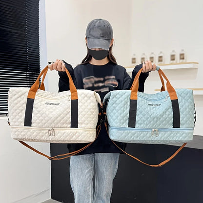 Nylon Travel Duffle Bag with Shoe Compartment, Large Capacity Argyle Pattern Casual Weekender Overnight Gym Storage Bag
