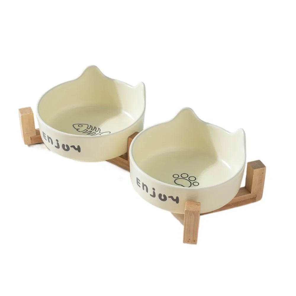 Ceramic Pet Bowl Cute Single/Double Bowl Dog Food Feeding Basin Large Capacity with Rack Pet Drinking Feeder Neck Protection