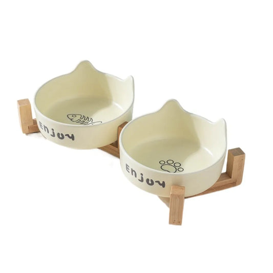 Ceramic Pet Bowl Cute Single/Double Bowl Dog Food Feeding Basin Large Capacity with Rack Pet Drinking Feeder Neck Protection
