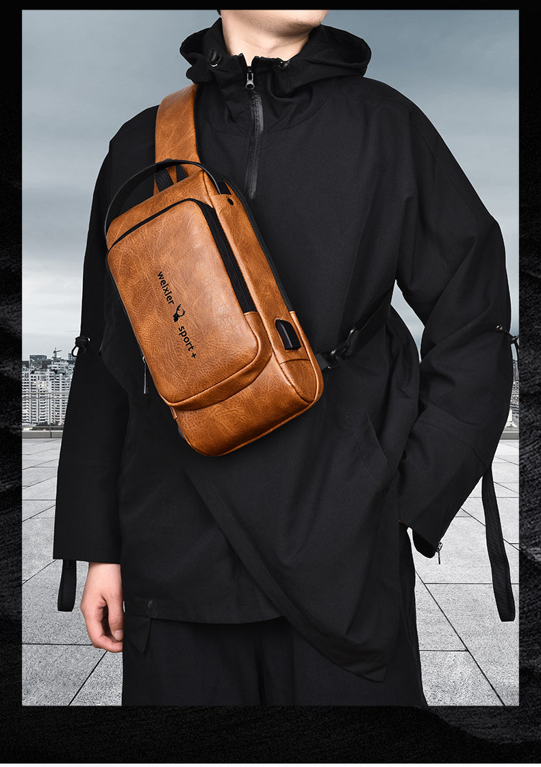 New Casual Chest Bag Travel shoulder bag Men Multifunction Anti-theft USB Charging Crossbody Bag Quality PU Leather Pack Male